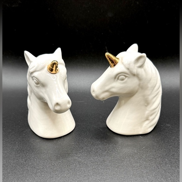 Unicorn Salt and Pepper Shakers Magical Fantasy White Gold Ceramic 3.25” - Picture 1 of 8
